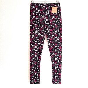 Just Cozy Fleece Lined Black and Pink Floral Leggings Size M/L